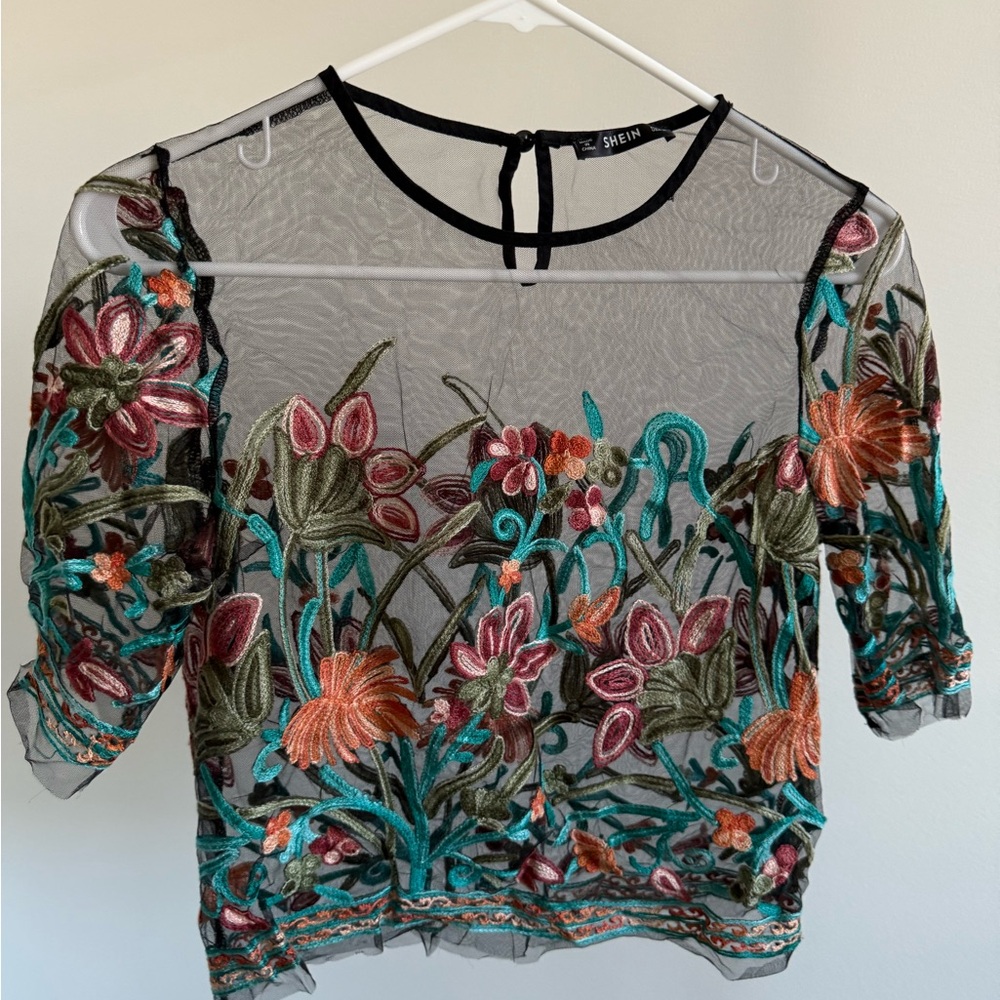 SHEIN Embroidered Mesh Blouse - Black and Multicolor